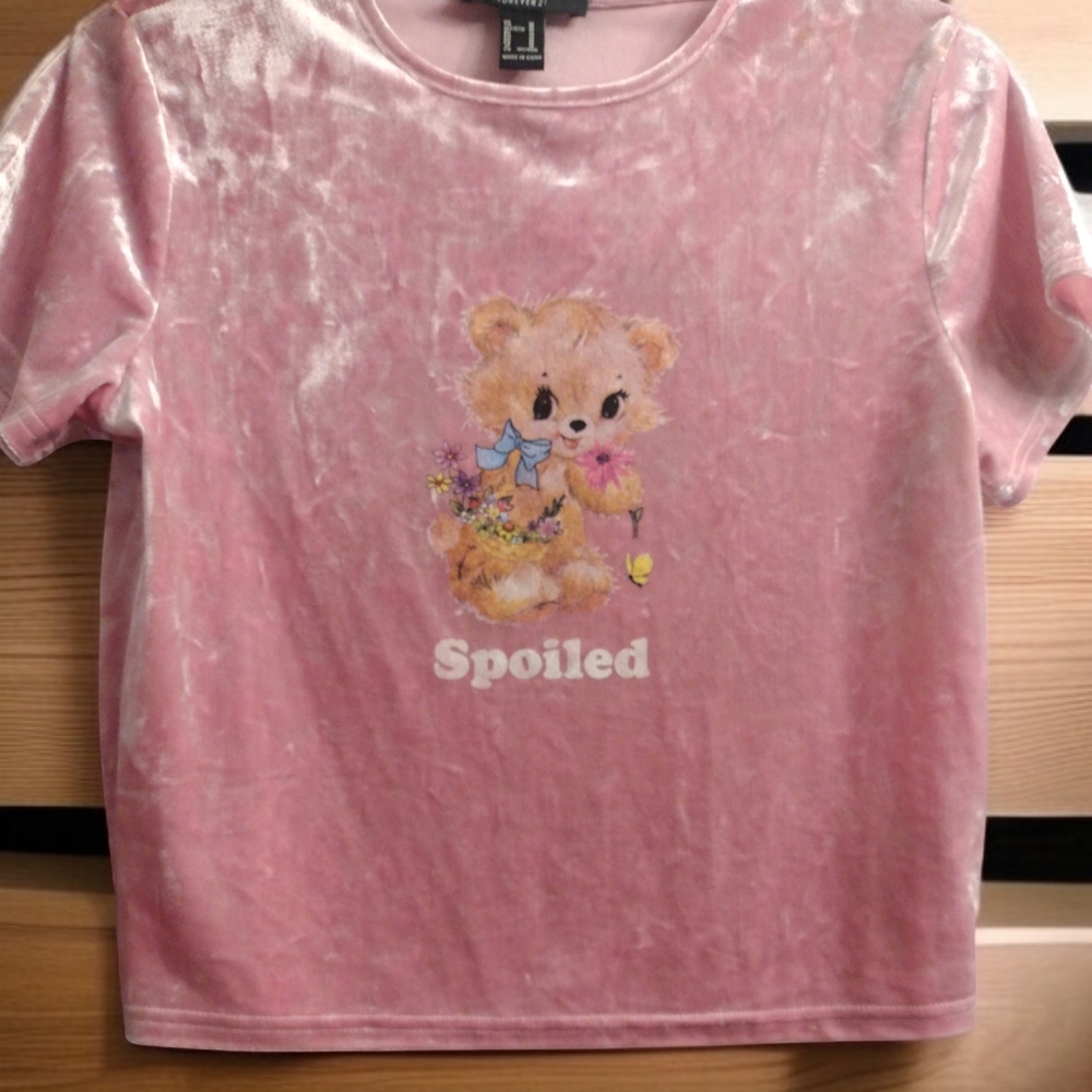 Forever 21 Pink Velvet Bear Spoiled Baby Tee Shirt Y2K 90s Cute Floral Graphic